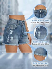 Women's Mid-Rise Stretch Denim Shorts | Distressed Ripped Frayed Hem Booty-Lifting Summer Shorts - 淺色水洗藍 - 查看 4