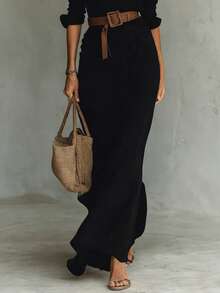 纯色优雅腰部褶裥前开襟纽扣女士黑色长连衣裙，V领长衬衫裙，无弹力面料，A字裙摆（不含腰带） - 黑色 - 查看 4