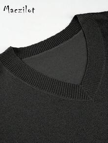 Plus Size Women Solid Color V-Neck Drop Shoulder Long Sleeve Casual Loose Sweater, Autumn/Winter Black - Black - View 9