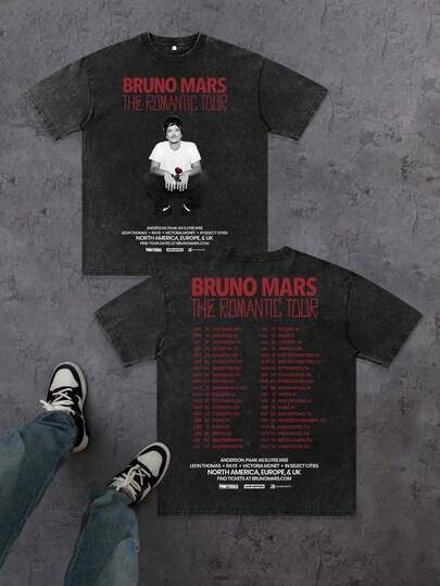 2-Sided Vintage Bruno Mars The Romantic Tour Graphic Men's Crew Neck Oversized Washed Short Sleeve T-Shirt - Ultra-Soft Breathable Cotton Fabric, Nostalgic Y2K Band Merch Vibe, Essential For Concerts & Music Festivals, Perfect Gift For Bruno Mars Fans, Head-Turning Streetwear For Daily Casual, Mens Graphic Tee, Street Fashion, Gifts For Men, Camisas Para Hombre
