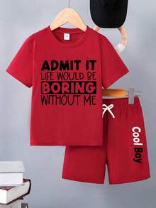 Set de 2 piezas de camiseta de manga corta con estampado de letra y pantalones cortos casuales y multifuncionales minimalistas para niños, adecuados para actividades al aire libre, escuela, vacaciones, viajes, relajación, tomar el sol y otras ocasiones de verano - Rojo - Ver 1