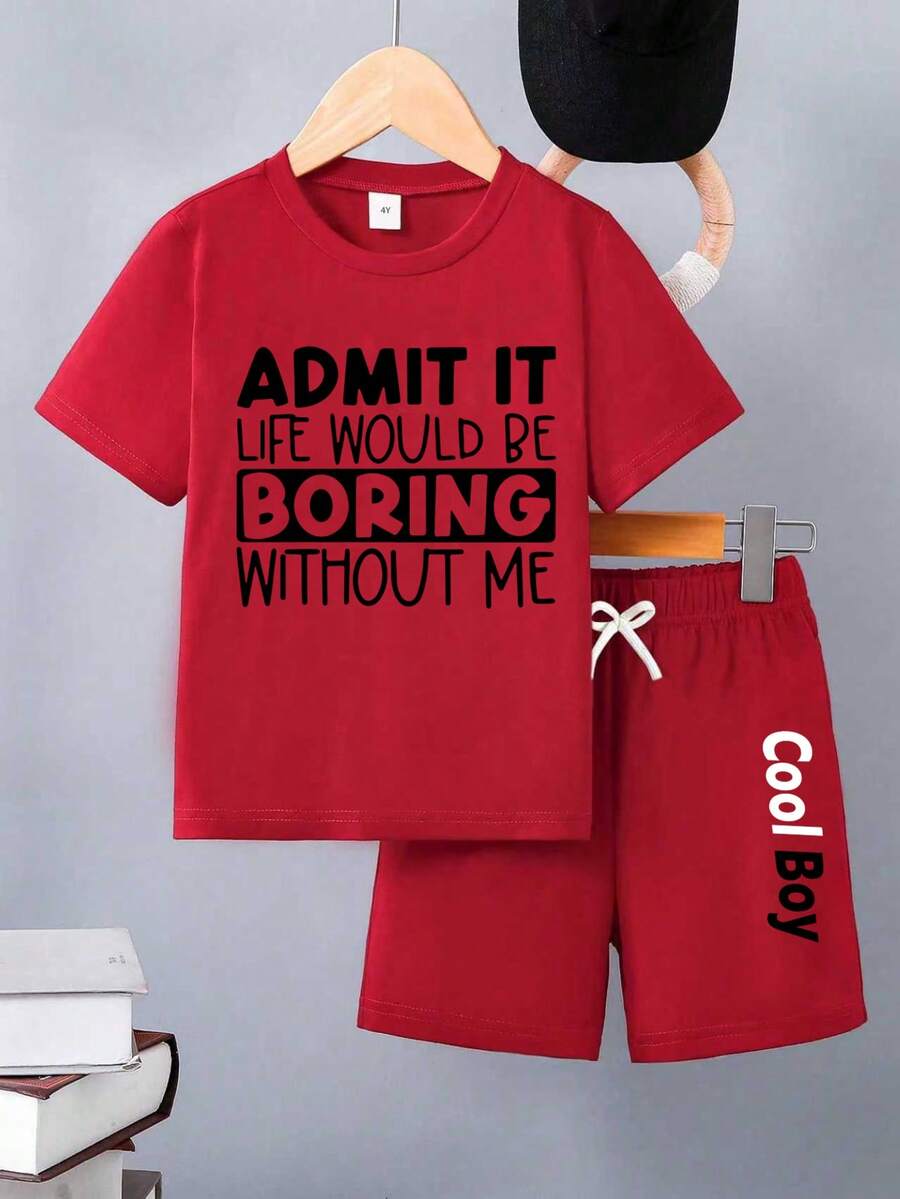 Set de 2 piezas de camiseta de manga corta con estampado de letra y pantalones cortos casuales y multifuncionales minimalistas para niños, adecuados para actividades al aire libre, escuela, vacaciones, viajes, relajación, tomar el sol y otras ocasiones de verano - Rojo - Ver 1