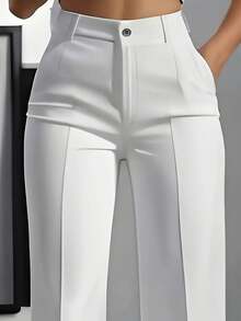 Plus Size Solid Color Button Pocket Zipper Office Pants Spring White - White - View 2