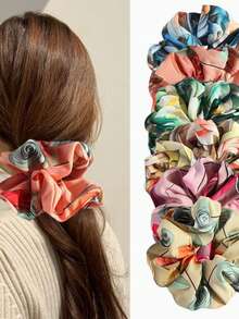 3pcs/Set Tropical Plant 3D Print Hair Scrunchies, French Bougainvillea Floral Hair Ties, Ponytail Holders - Multicolor - View 8
