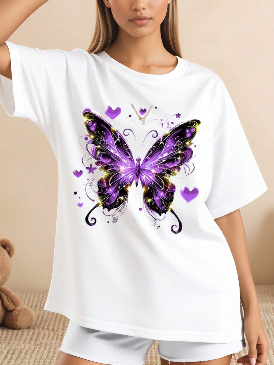 Mariposa Púrpura con Corazones y Estrellas Impresión de Primavera Blanco Camiseta de Manga Corta Diseño Detallado para Mujer Casual Vacaciones Fiesta 220g - Blanco - Ver 1