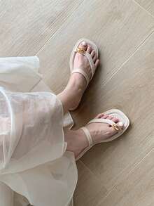 XIXITIAO 1双女士简约撞色人字拖，软底户外凉鞋，百搭纯色平底人字拖，极简风格，舒适休闲，适合海滩/户外/派对穿着 - 杏色 - 查看 2