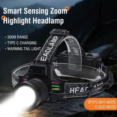 Powerful LED Zoomable Headlamp Waterproof Motion Sensor Head Light Type -C Rechargeable Outdoor Fishing Camping Light Can Sense Multiple Light Sources, Select Lamp Head With 90% Adjustment, Telescopic Zoom Band, Fluorescent Strip, Battery Compartment With Red Light Warning