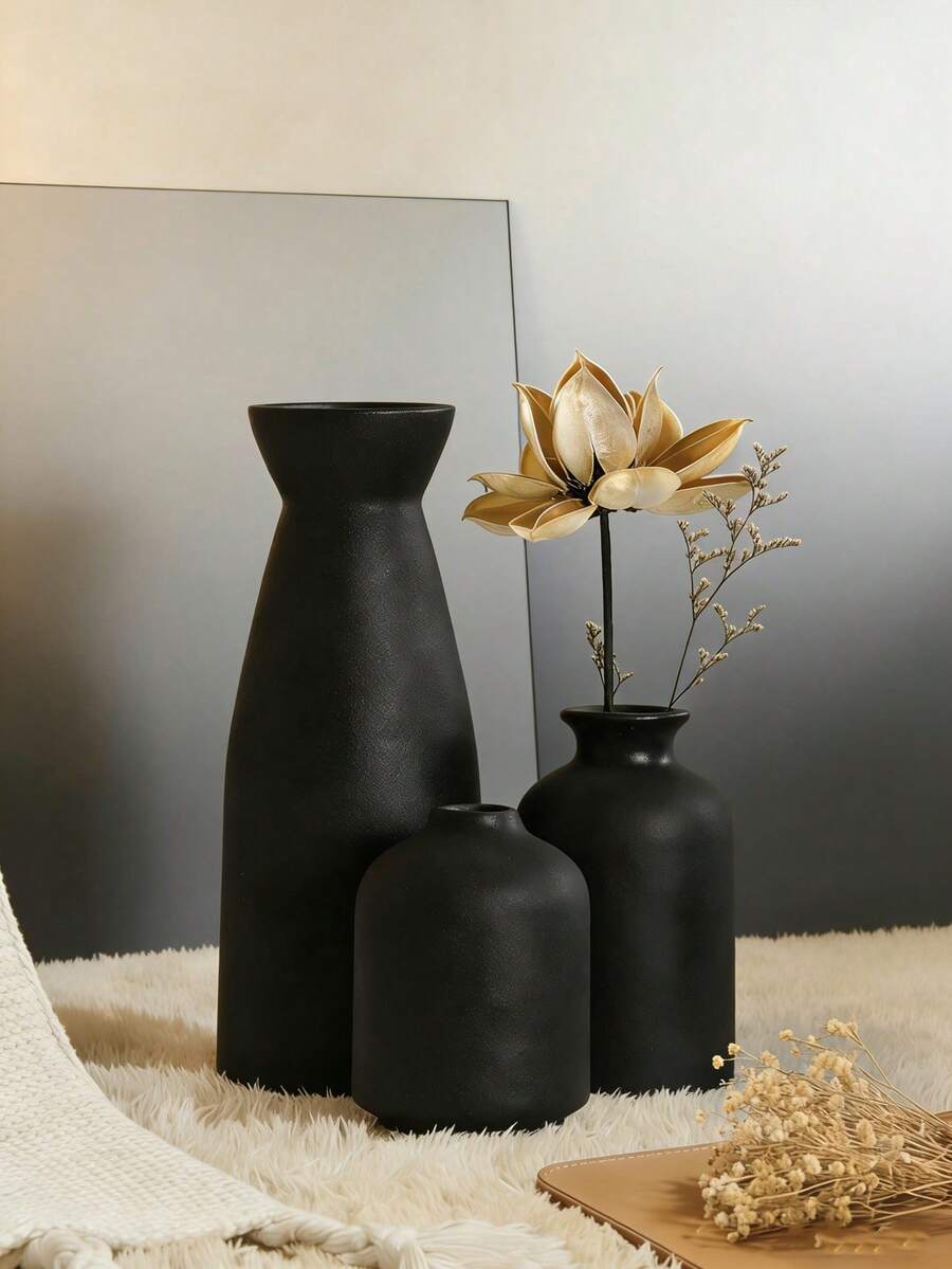 Bộ 3 bình hoa đen - 3 bình hoa nhỏ trang trí, phong cách mộc mạc Bohemian hiện đại, thích hợp trang trí nhà cửa, đám cưới. Bình hoa trang trí bằng mây, bình hoa mây sáng tạo để trang trí kệ sách, bàn, tủ sách, bàn ăn, phòng khách, văn phòng, lối vào, phòng ngủ. - màu đen - Xem 1