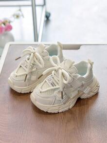 1双男女通用透气网面平底运动鞋，减震防滑儿童跑步鞋，时尚百搭学生休闲鞋，轻便厚底运动鞋，适合春秋季穿着 - 米色 - 查看 2