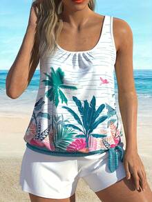2026 New Arrival Festival-Ready Resort-Chic Sunset Gradient Palm Print Crew Neck Women's Plus Size Tankini Set - 彩色 - 查看 1