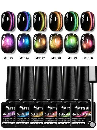 Mtssii 6支装7毫升彩虹猫眼凝胶指甲油套装，带磁棒，星空猫眼磁性凝胶指甲油，半永久可卸UV凝胶指甲油，适合夏季美甲，美甲DIY，家用及美甲沙龙用品