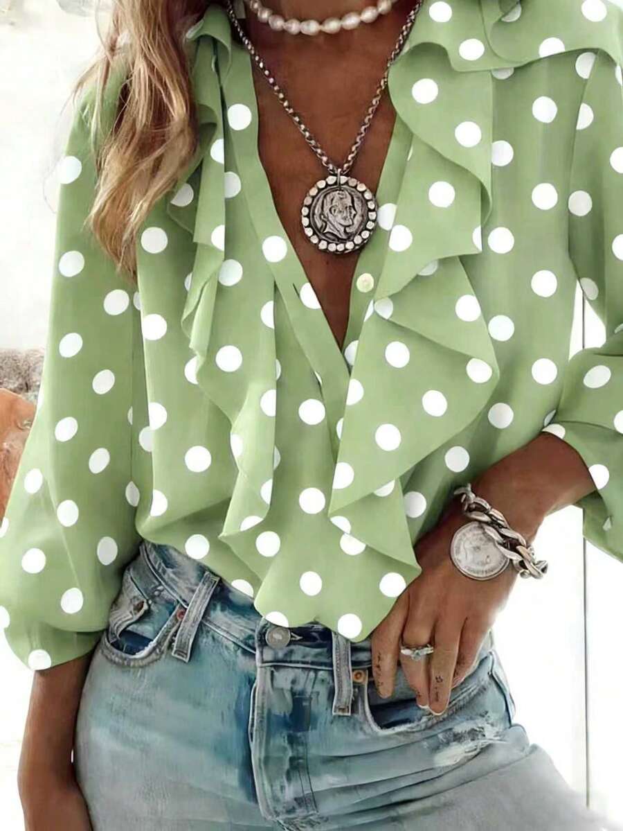 Polka Dot French Romantic Women's Patchwork Ruffle Hem Elegant Blouse Vacation Spring - Mint Green - View 1