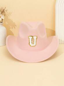1pc Unisex Children's Letter Decor Pink Felt Brimmed Hat, 26 Letters Available, American Western Cowboy Style, Outdoor Casual Sun Hat For All Seasons, Suitable For Daily Wear, Parties, Outdoor Activities, Children's Gift - Pink - View 14