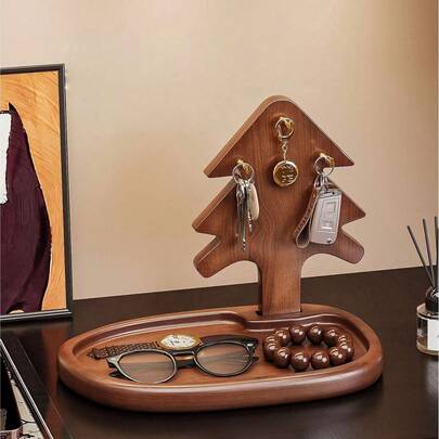 Oval Ahşap Anahtar ve Takı Tepsisi, Asma Rafı ile - Rustik Giriş Masası Saklama Kutusu (Anahtarlar, Yüzükler, Bileklikler, Saatler, Telefonlar İçin) - Yerden Tasarruf Sağlayan Makyaj Düzenleyici (Giriş Masası, Şifonyer veya Hediye İçin)