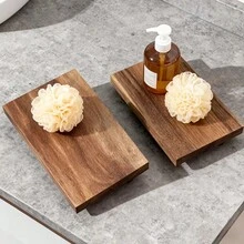 1pc Wooden Bathroom Countertop Tray, Striped Pattern Soap Dish, Candle Holder Home Decor Display Tray, Suitable For Snacks, Drinks, Sushi, Steak, Desserts, Cakes, Bread, Breakfast, Tea - Wooden Bathroom Tray, Kitchen Display Tray - Rust Brown - View 4