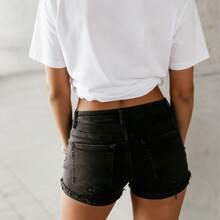 Quần short nữ màu vải lỗ ngắn mùa hè thường ngày màu trơn túi len viền lỗ hàng ngày - màu đen - Xem 2