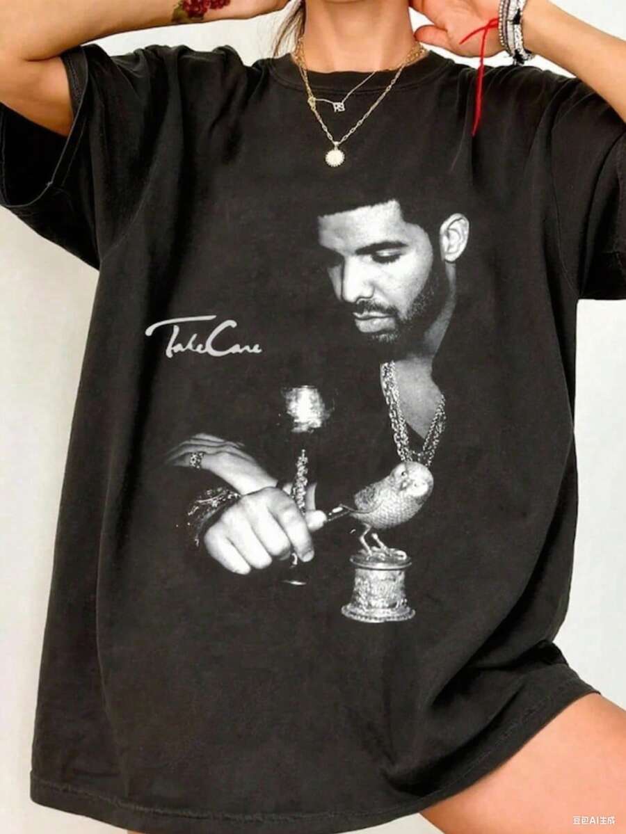 Drake T-Shirt _ Rap Merch Graphic Tee _ Takecare _ Rare Hip Hop Graphic Print - 黑色 - 查看 1