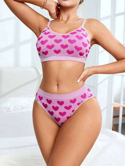 2pcs/Set Heart Print Seamless Lingerie Set, Romantic Cute & Comfortable Women's Underwear, Valentine's Day Best Seller