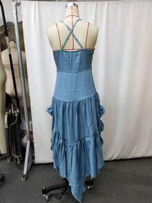 Women's Vintage Western Cowboy Style Denim Ruffle Hem Skirt, Sexy Deep-V Asymmetrical Midi Dress For Outdoor Photoshoots, Belt Not Included - 藍色(不含腰帶) - 查看 5