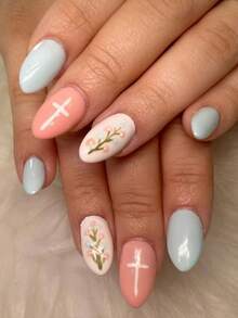 24片椭圆形浮雕美甲贴纸，春夏马卡龙蓝粉色花卉图案，可重复使用，易于粘贴，营造清新春日氛围，柔和的马卡龙色调，适合女性约会、工作、派对等场合，艺术美甲装饰，提升您的时尚风格！ - 彩色 - 查看 9