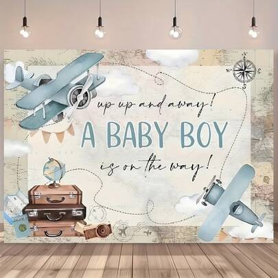 1pc Baby Shower Background Cloth With Airplane And Luggage Pattern Design, Suitable For Birthday Party Decorations, Kids Shower, Baby Shower Decorations, Cake Table, Travel Theme, Teen Boys Birthday Or Gender Reveal Party, Cake Table Banner, Whimsical Party Decorations, Teen Shower Decorations.