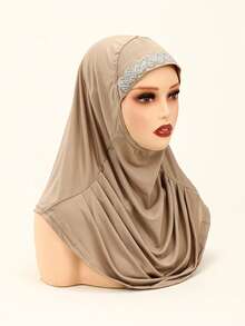 قطعة واحدة غطاء رأس نسائي أحادي اللون، وشاح رأس قابل للطي مريح من البوليستر، وشاح رأس عملي، توبون، خمار طويل فوري، مناسب للارتداء اليومي في جميع الفصول - وشاح رأس مطوي مرصع بأحجار الراين المتلألئة - مشاهدة 21