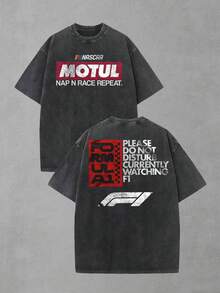 2-Sided MOTUL F1 "Do Not Disturb" Graphic Men's Crew Neck Oversized Washed Short Sleeve T-Shirt - Lightweight Cotton Blend, Playful Racing Meme Vibe, Perfect For F1 Watch Parties & Lazy Days, Ideal Gift For Motorsport Memers, Mens Casual Shirt, Street Fashion, Camisas Para Hombre - Black - View 1