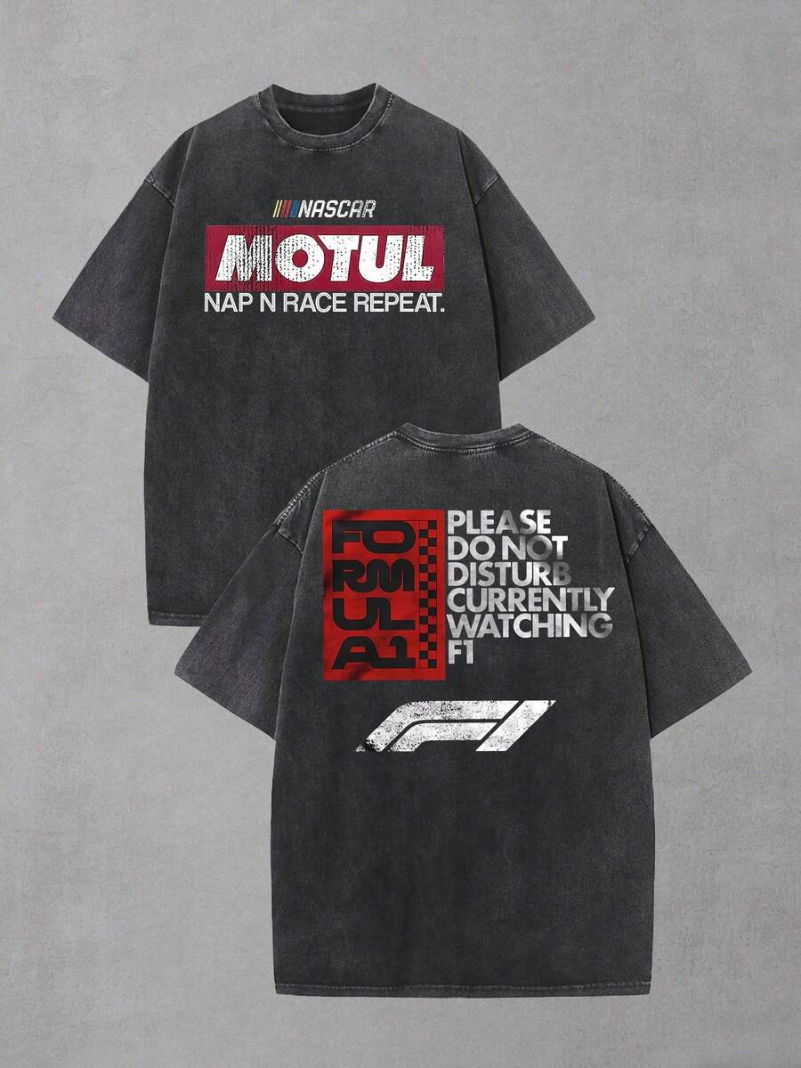 2-Sided MOTUL F1 "Do Not Disturb" Graphic Men's Crew Neck Oversized Washed Short Sleeve T-Shirt - Lightweight Cotton Blend, Playful Racing Meme Vibe, Perfect For F1 Watch Parties & Lazy Days, Ideal Gift For Motorsport Memers, Mens Casual Shirt, Street Fashion, Camisas Para Hombre - Black - View 1