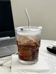 1 zestaw paskowanych szklanych kubków ze słomką i pokrywką, przenośny i prosty kubek na wodę, pionowy szklany kubek w paski, wysokiej jakości wielokrotnego użytku kubek na kawę i sok, wielofunkcyjny pojemnik na napoje, idealny do domu, biura, na plażę, na wszelkiego rodzaju imprezy, odpowiedni do kawy, herbaty, whisky, mleka, mrożonego americano i latte, szklanka do picia - Wielokolorowe - Zobacz 7