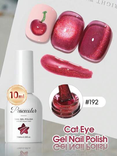  PEACECOLOR 1支装 10毫升玻璃瓶装红色猫眼凝胶指甲油，磁性闪光效果，快速固化，适合女性日常及派对美甲，猫眼美甲DIY必备礼品