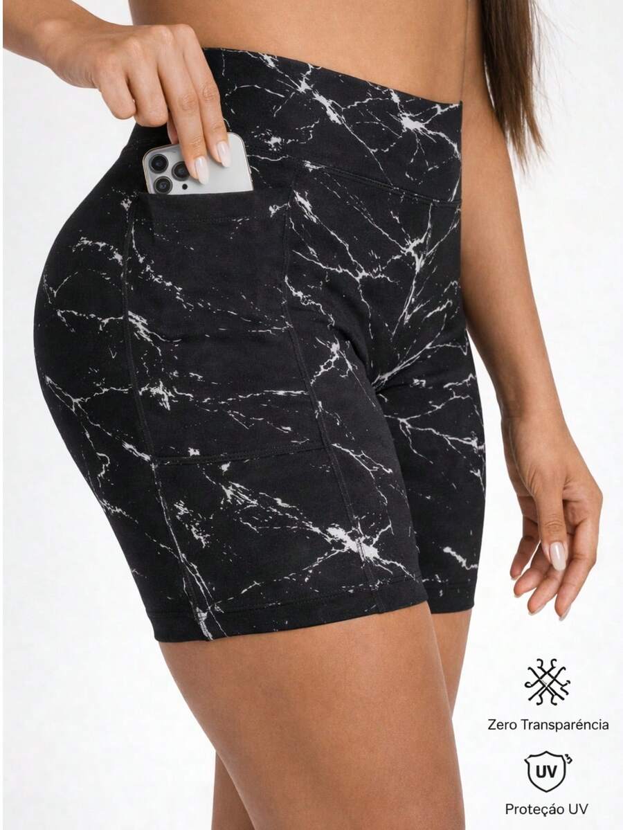 High-Waisted Fitness Shorts With Pockets, Ideal For The Gym, Cycling, Gymnastics, And Outdoor Activities. - Marbled Black - View 1
