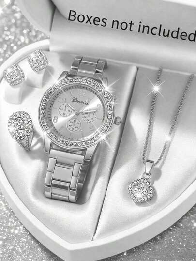 5 Stücke Luxuriöses & Elegantes Damen Quarz Uhr Set, beinhaltet goldfarbene Schmuckuhr mit Metallarmband, Diamant Ohrringe, Ring und Halskette. Römische Zifferblatt Design verströmt luxuriösen Charme. Bequem zu tragen, perfekt um eleganten Stil zum täglichen Pendeln hinzuzufügen.