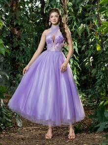 Elisanya 优雅浪漫的贴花细节，交叉露背吊带设计，飘逸的薄纱面料，这款舞会礼服完美适用于返校、晚宴、学校舞会和鸡尾酒会等场合。 - 紫丁香色 - 查看 6