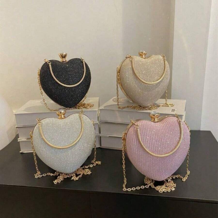 Women's Sparkly Heart Shape Clutch Purse - Formal Glitter Evening Handbag, Elegant Party Clutch For Wedding Cocktail Prom Formal Occasions