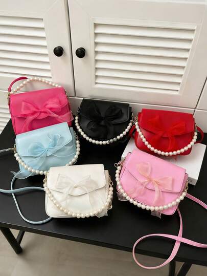 1 Túi xách tay trang trí nơ đính ngọc trai, dây đeo vai điều chỉnh được, túi đeo chéo nhẹ, túi đeo vai gọn nhẹ, hoàn hảo cho thanh thiếu niên/nữ giới/học sinh/sinh viên, lý tưởng cho sử dụng hàng ngày, mua sắm và các buổi họp mặt ngày lễ.