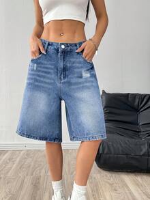 NVFelix 女士休闲蓝色牛仔百慕大短裤，带纽扣和拉链口袋，无弹力面料 - 藍色 - 查看 2