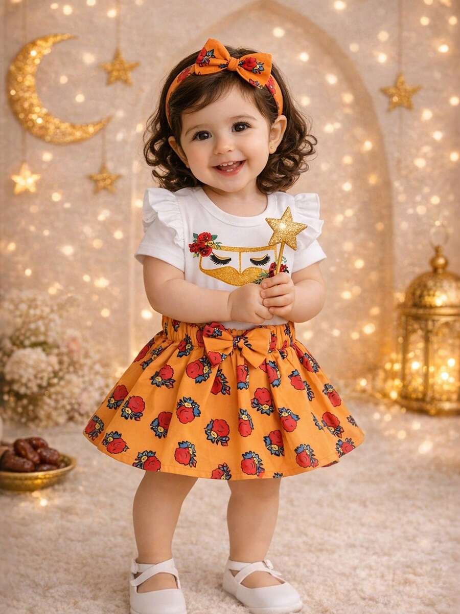 Set de 3 piezas de ranaper, falda y diadema con estampado de rosas para bebé niña en primavera/verano