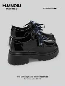 HUANQIU 黑色百搭厚底粗跟牛津鞋，休闲套脚乐福鞋，饰有格子蝴蝶结，日系JK风格 - 黑色 - 查看 5