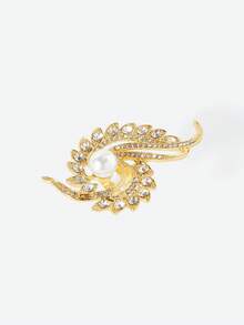 Opalesca 1pc French Fashion Feather Designed Faux Pearl Open Ring With Inlaid Rhinestones - Yellow Gold - View 5