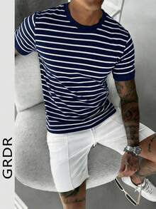 GRDR Jersey de punto de cuello redondo de manga corta con rayas minimalista básico para hombre, primavera/verano - Negro - Ver 1