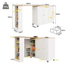 360° Rotating Bar Table With Snack Shelf, Extendable Kitchen Island (138-209cm) With 3 Drawers, L-Shaped High Dining Desk - White + MDF1 - View 6