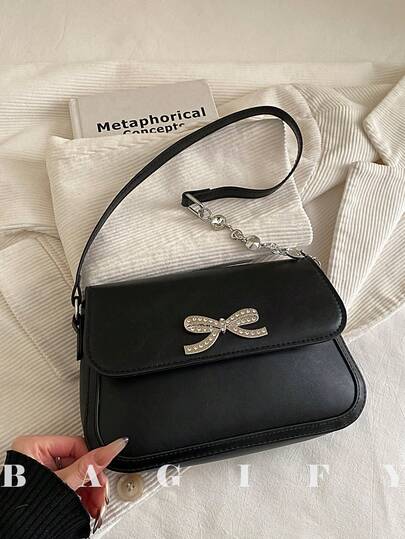 新款时尚蝴蝶结装饰翻盖链条单肩包，适合派对、郊游、度假、购物和日常使用，可装零钱、手机，也适合白领、大学生和上班族作为工作包，优雅女士手提包，办公包