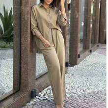 Elegant Casual Linen Party Set With Buttons Down The Front, Button Pocket, Shirt And Pants With Lining, Suitable For Office Or Beach. - 米色 - 查看 1