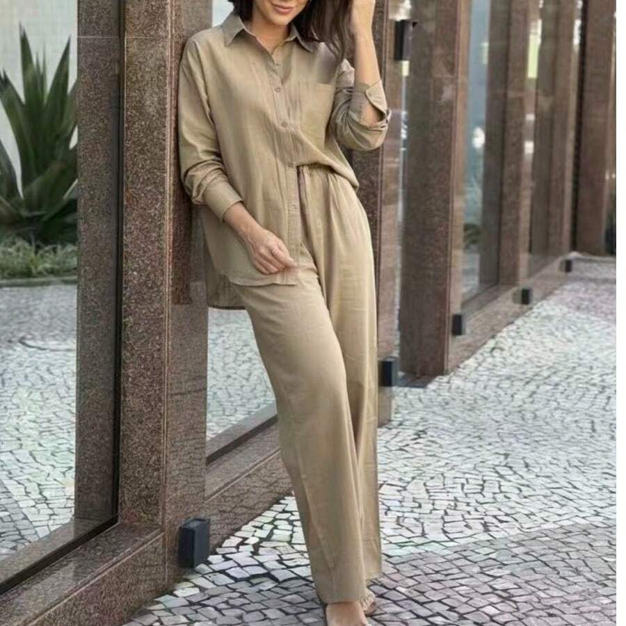 Elegant Casual Linen Party Set With Buttons Down The Front, Button Pocket, Shirt And Pants With Lining, Suitable For Office Or Beach. - 米色 - 查看 1