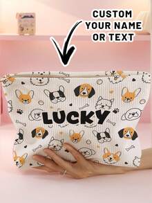 1pc Customized Name Cartoon Puppy Pattern Corduroy Toiletry Storage Bag, Perfect Choice For Organizing Toiletries On The Go, Can Be Customized Based On Your Unique Design, Very Suitable For Children, Print Your Own Name Or Print Your Sister's And Classmates' Names As A Gift To Give To Others - Multicolor - View 7
