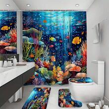 Ocean World Cartoon Series Bathroom Set - Bathroom Curtain, Polyester, Washable, 1pc/4pcs | Shower Curtain, Bath Mat, Toilet Seat Cover - A - View 23