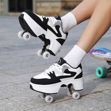 1双街头风四轮直排轮滑鞋，PU轮滑鞋，可伸缩系带轮滑鞋，适合青少年和成人 - 黑與白 - 查看 4