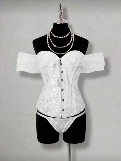 白色蕾丝新娘束身胸衣婚纱内衣上衣露肩心形领塑身衣，配同款丁字裤