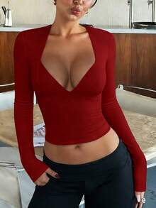 女士薄款休闲时尚红色修身长袖T恤，春夏款 - 酒紅色 - 查看 2