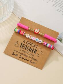 2pcs/Set Back To School "TEACH" Letter Beaded & Apple Shaped Polymer Clay Elastic Bracelet Set, Suitable For Gift Giving And Daily Wear - Multicolor - View 11
